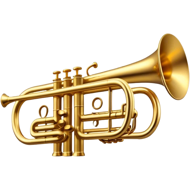 Cinematic Realistic Trumpet, rich golden brass with subtle tarnish marks, soft highlights emphasizing the intricate details, warm reflections of stage lighting bouncing off the metal, glowing with bold and triumphant energy. emoji