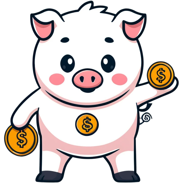 cute penny coin mascot with arms and legs, holding a piggy bank, financial advisor character emoji