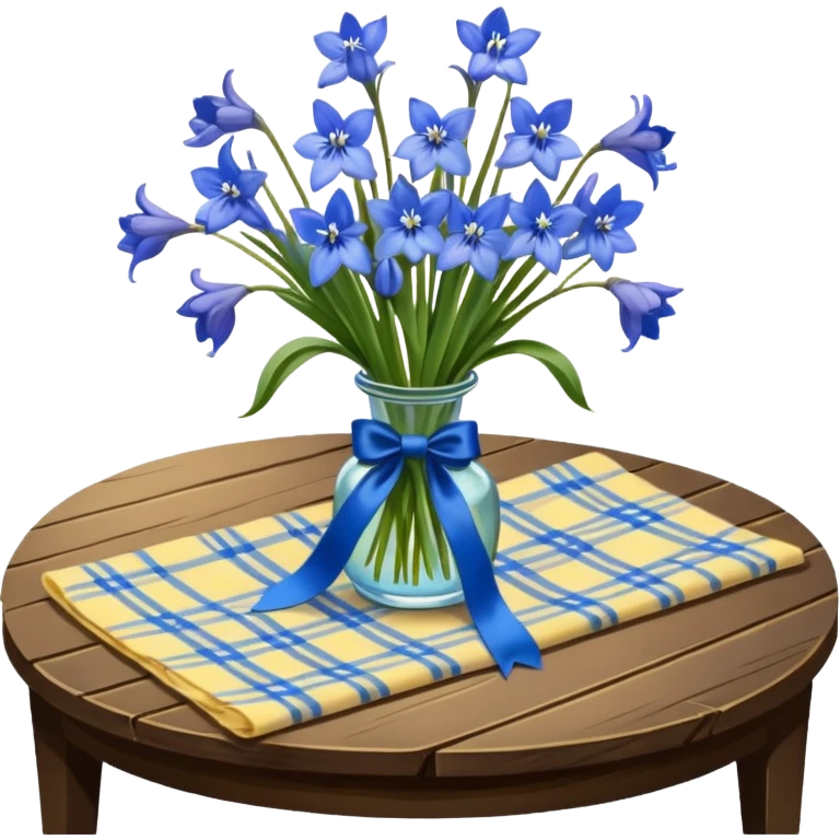 A lush bouquet of bright blue color bluebell black satin ribbon, resting on an antique wooden table, with a pale yellow and pink plaid pattern table cloth emoji