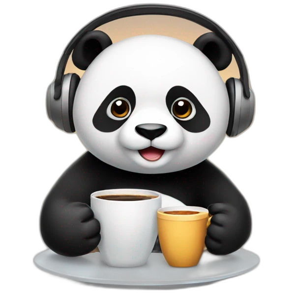 panda with a cup of coffee and wearing a headset emoji