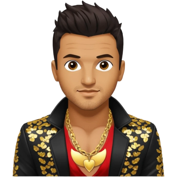 Peter Andre with dark brown hair, black sequin jacket, shirtless with necklace emoji