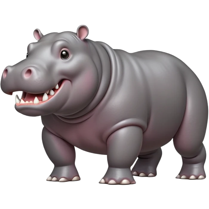 cinematic-hippo-realistic-full-body side view-standing on all fours-emoji,-massive-round-frame,-wide-mouthed-grin-exposing-huge-teeth,-head-tilted-dramatically,-thick-greyish-brown-hide-glossy-from-water,-simplified-yet-realistic-focused-features,-highly-detailed,-glowing-with-an-almost-sarcastic-glow emoji