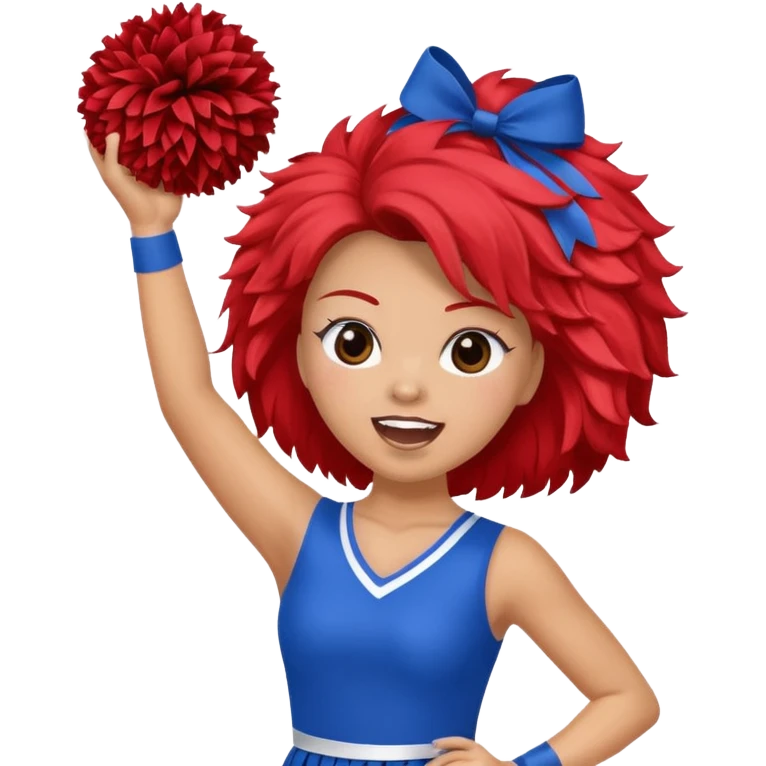 football cheerleader, holding big cheering pom, blue dress and red skin emoji