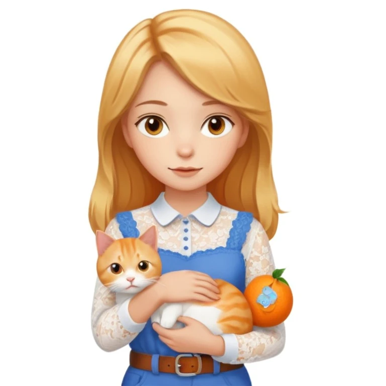 A very beautiful girl with honey-blond hair and kind eyes. She has medium-length hair, is wearing a white lace blouse, blue pants, and a brown belt, and is holding an orange cat.
 emoji
