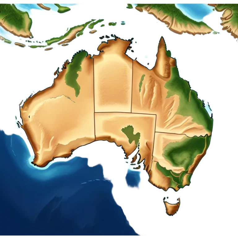 Outline and Landmass of Australia – Cinematic-realistic map of Australia, featuring its distinct coastline and iconic landmass shape. The deep blue ocean surrounds the golden-brown continent, with subtle topographic details highlighting its vast deserts, lush forests, and rugged coastline. A soft glow accentuates the edges, making the shape unmistakable. emoji