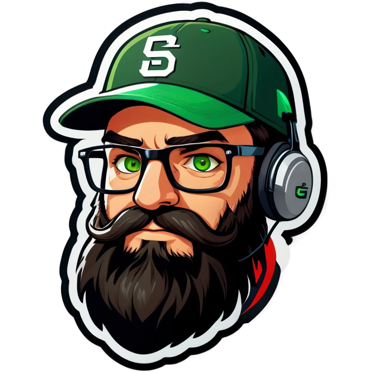 A man with a grey baseball cap, green eyes, big dark brown beard and glasses, gamers headset emoji
