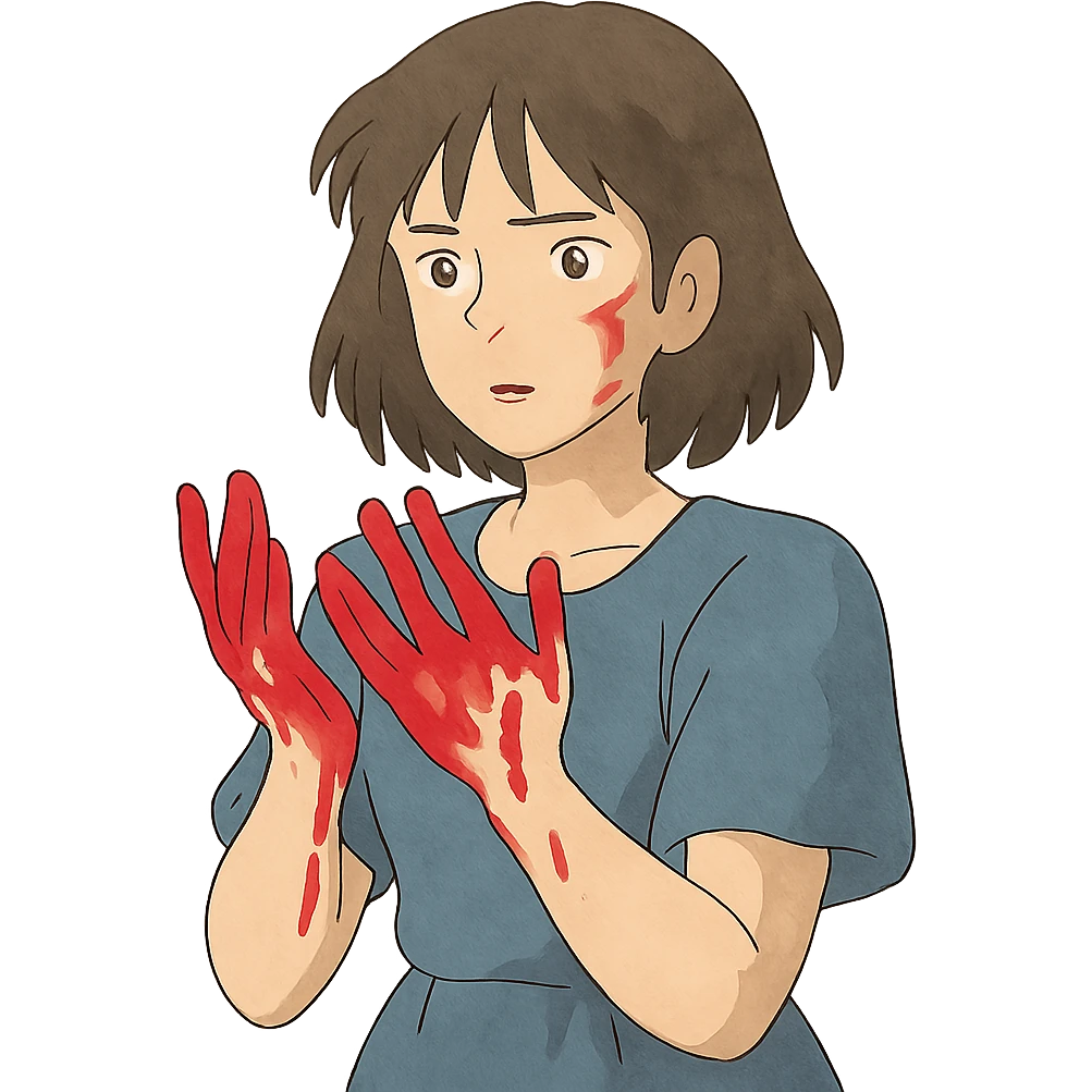 ghibli style illustration of a woman with blood on her hands emoji