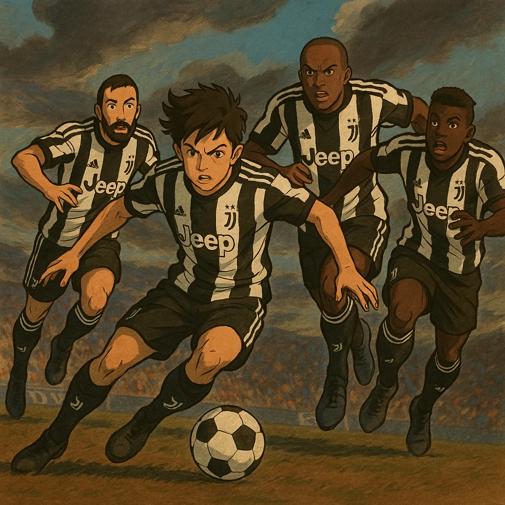Juventus players in action, stylized and dramatic emoji