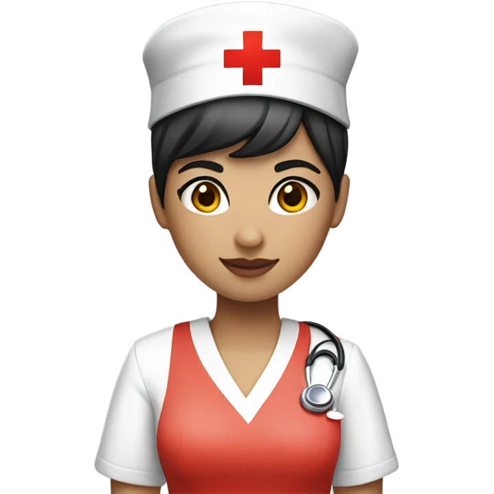 pixie cut black straight hair female nurse with red cross sign hat wearing dress
pale skin color emoji
