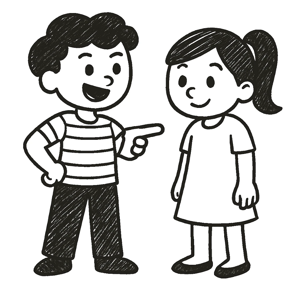 Adjust the left hand of the boy so it rests on his hip, keeping the doodle style and character details the same as in the reference image. emoji