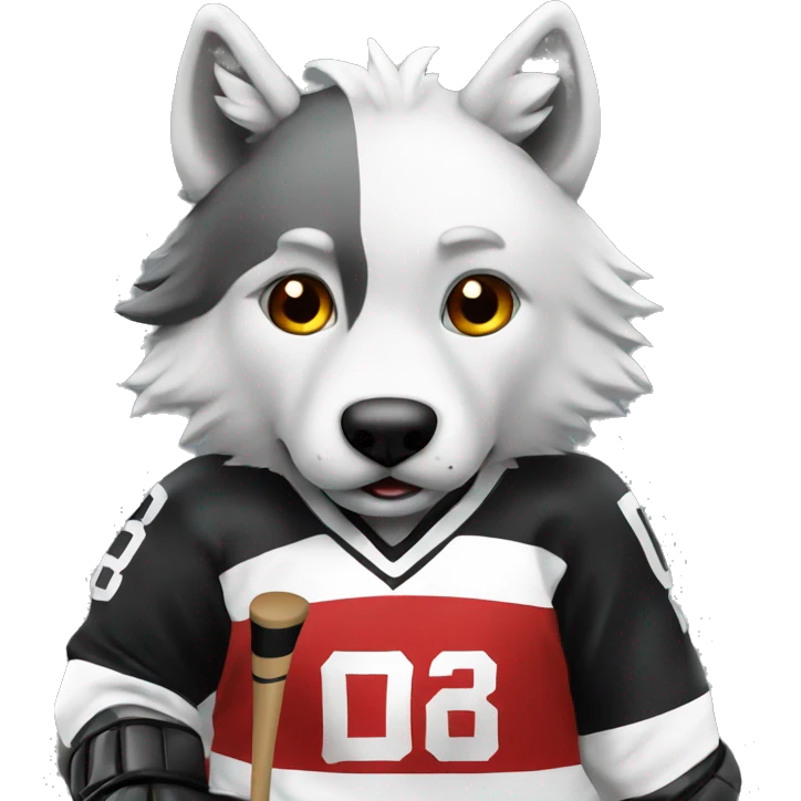 The wolf plays hockey in a black white and red uniform emoji