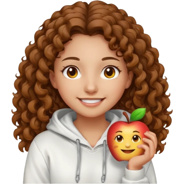 Una ragazza con una felpa semplice bianca,ha gli occhi marroni,i capelli marroni  , c’è gli ha lunghi e ricci  e ha le ciglia lo stile dell immagine deve essere  stile emoji apple emoji