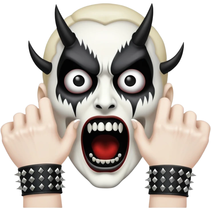 black metal style emoji screaming face with corpse paint, studded wristbands emoji
