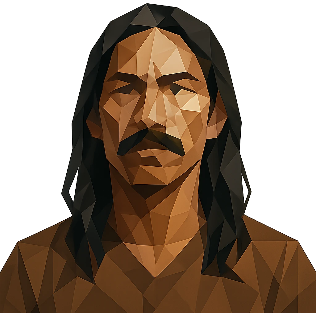 polygonal style man with long black hair, mustache, no beard, brown skin emoji