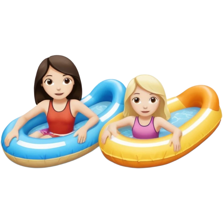 dark brown haired girl pale skin and blonde haired girl on the lazy river water slide 2 different circle floaties  emoji