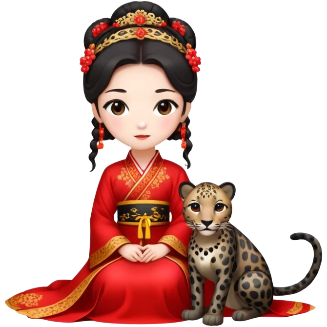 A beautiful girl in red Hanfu wedding dress sits on the ground holding a black leopard emoji