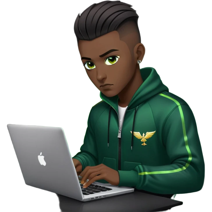 male with dark hair, wearing a black palm angels tracksuit, high fade haircut, slick back hairstyle, green eyes, green aura, coding on black laptop emoji