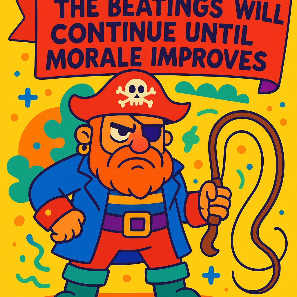 grumpy pirate with a whip and a sarcastic banner reading 'The beatings will continue until morale improves', vibrant toon style emoji