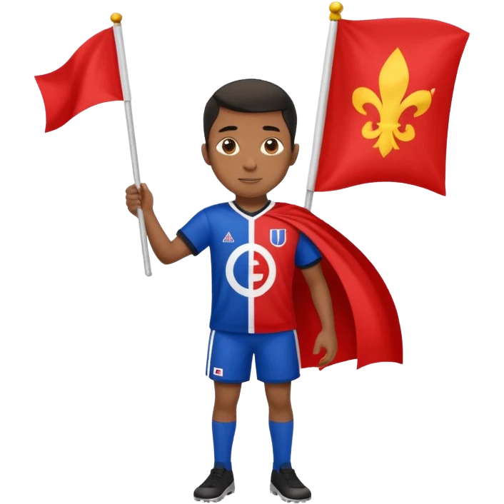 A black boy holding a big team flag, waving it proudly with a determined expression full body emoji