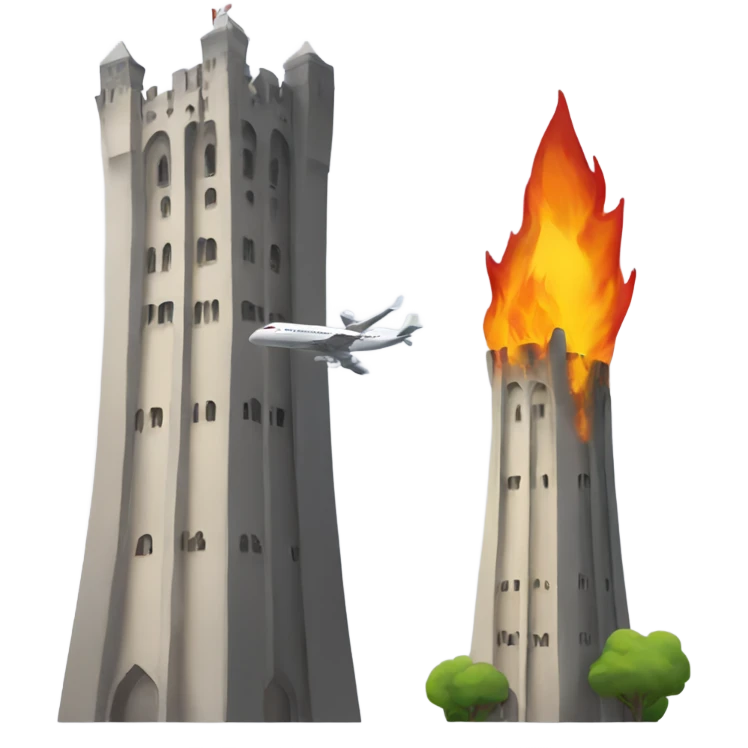 Two towers with plane and fire emoji