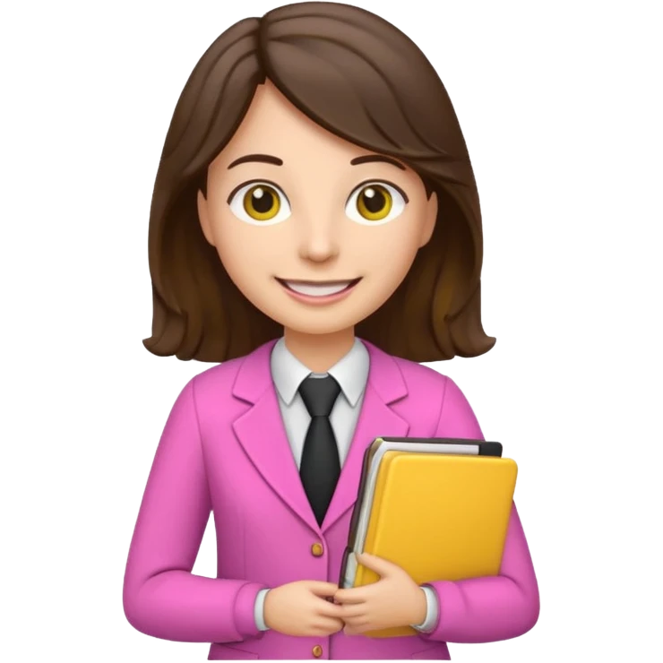 Teacher emoji but : wavy black volume brown hair, light western skin, no glasses, dark eyes, with a computer folder in the hand (color is yellow), being a teacher, wearing pink backpack but wear a teacher formal outfit, smile with teeth







 emoji