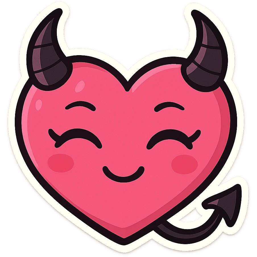 devil emoji, chibi style, hot pink and black colors, heart-shaped face, elegant horns, playful smile, modern aesthetic emoji