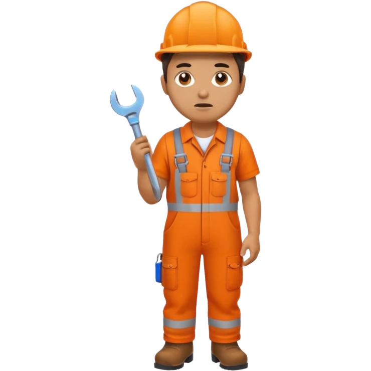 railway engineer, looking tired in orange overalls, boots, holding a spanner emoji emoji