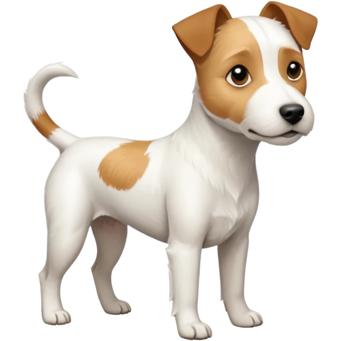 a full body white parson russell looking dog the size of a kelpie with light brown ears and a light brown patch on one eye and a large snout emoji