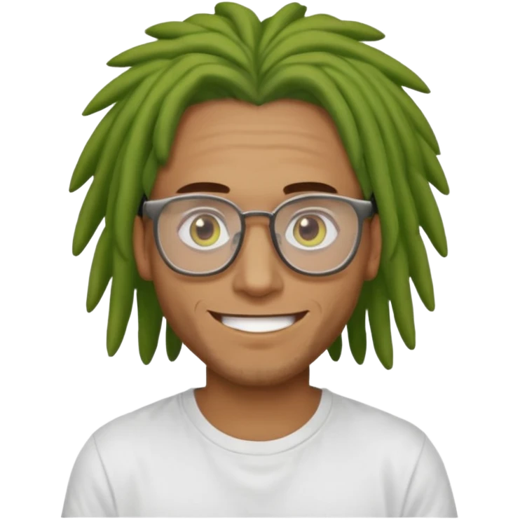 man with brown dreads white tee golden eyes light green skin glasses and white smile emoji