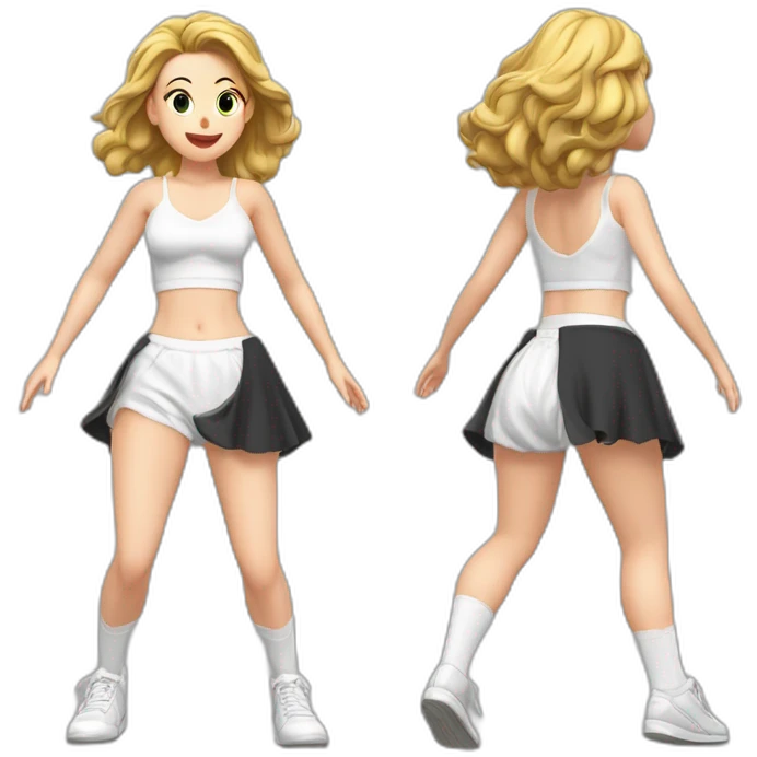 alistic-full-body-caucasian-curvy-фигуристка-jumping-short-black-skirt-back-and-front-views-strong-wind-white knickers-long-white-socks emoji