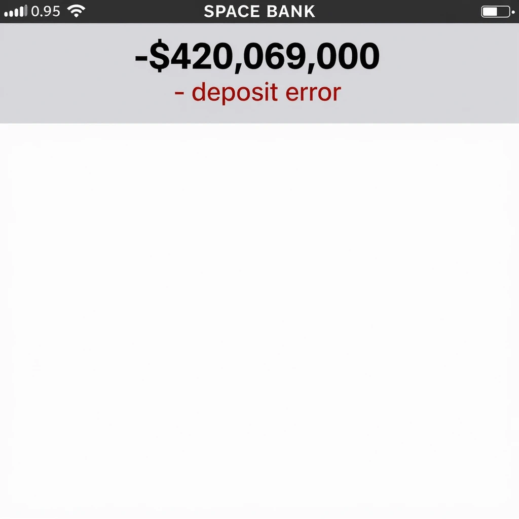 a iphone screenshot showing a SPACE bank balance of -$420,069,000, "deposit error" the numbers are shown in red, indicating a negative balance emoji