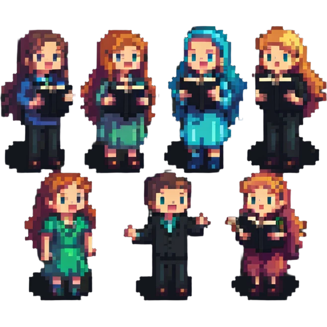acappella group of four people singing, pixel art style emoji