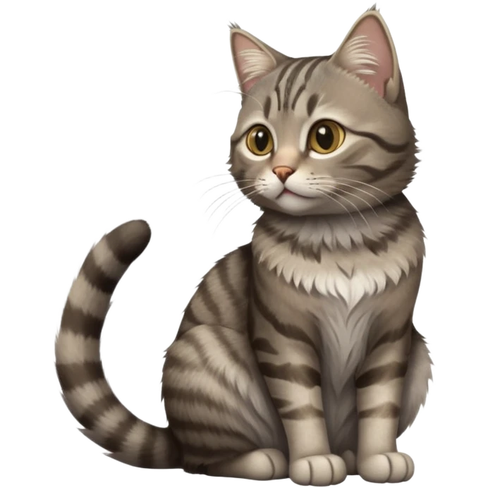 cinematic-[grey brown tabby cat]-realistic-full-body-sitting-emoji,-tail-curled-playfully-around-its-paws,-head-tilted-dramatically,-scruffy-[grey]-fur,-simplified-yet-realistic-focused-features,-highly-detailed,-glowing-with-an-almost-sarcastic-glow emoji