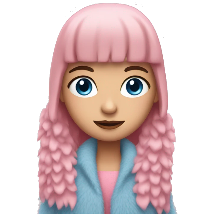 a brunette girl with blue eyes in a pink fringe fur coat emoji