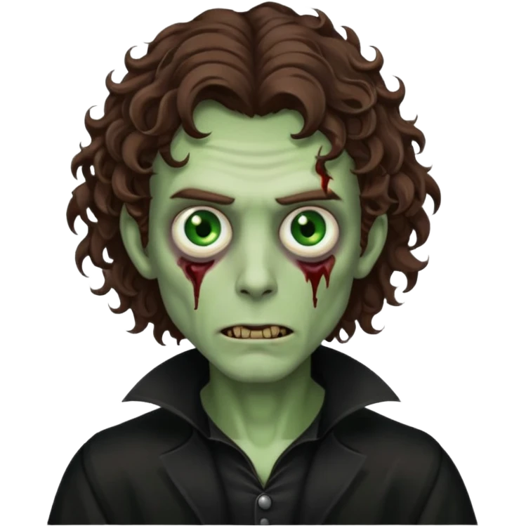 long curly haired male zombie with brown hair color and green eye color, with dark vampire clothes emoji