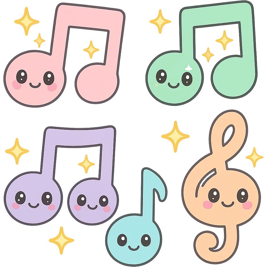 Add sparkling effects to the colorful music notes, keep the kawaii style, cute faces, pastel colors. emoji