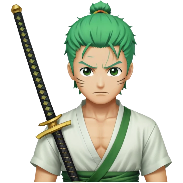 Roronoa Zoro with green hair, three swords, white shirt, green haramaki emoji