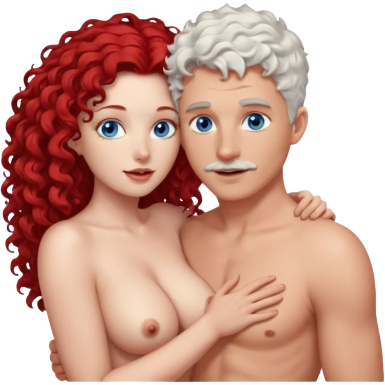 Homme nu cheveux blanc courts, yeux bleu barbe naissante + femme nu gros seins rousse cheveux longs bouclés yeux bleu faisant l'amour emoji