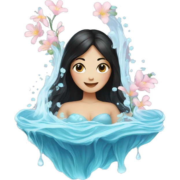 Lady with black hair filled with flowers surrounded by flowing water emoji