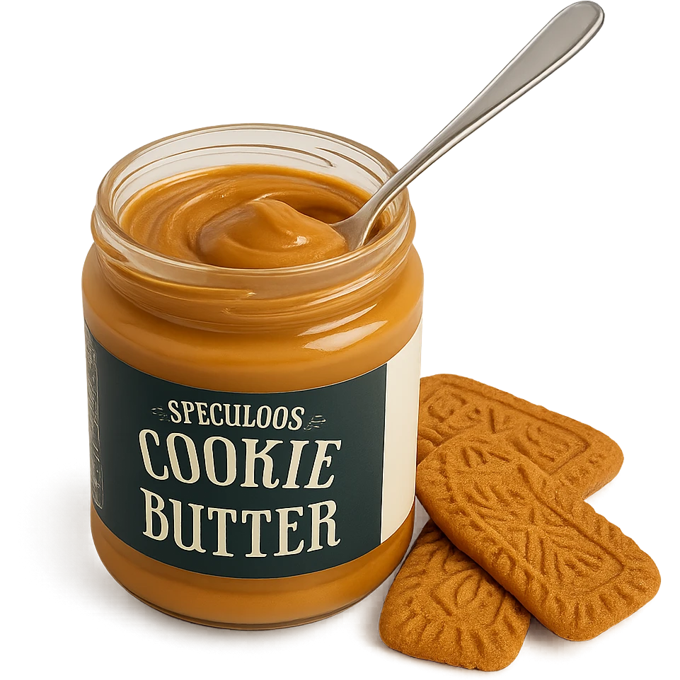 speculoos cookie butter in a jar, creamy texture, with a spoon, next to speculoos cookies, white background emoji