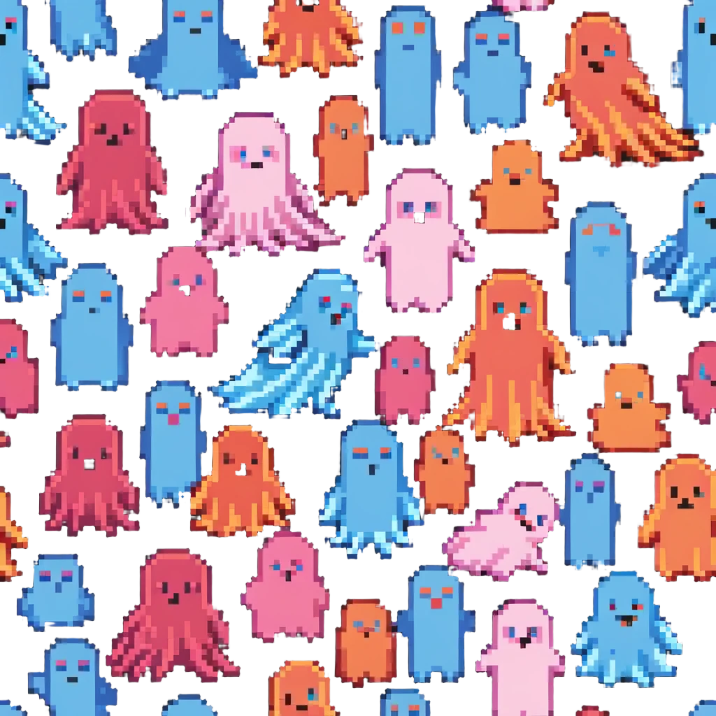 The four classic Pacman ghosts (red, pink, blue, and orange) in 8-bit pixel art style emoji