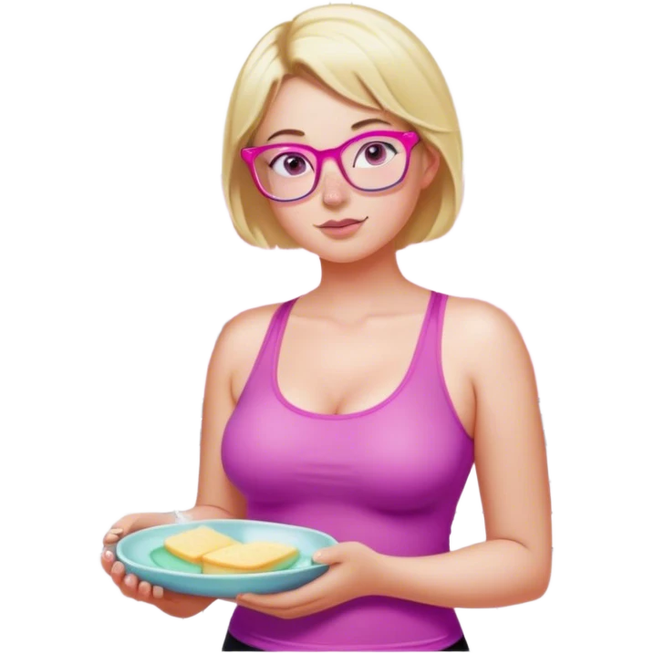 Curvy fair skinned woman, freckled skin, short blond hair, small light purple reading glasses, washing dishes, short flowing sheer hot pink tank top, without undergarments SFW, tight black yoga pants, thick booty emoji