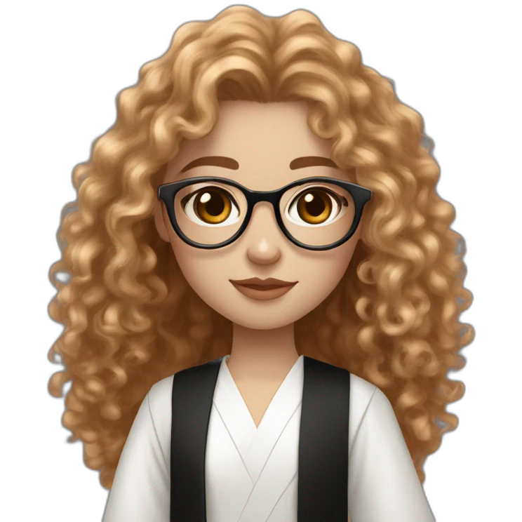 British white skin teenage girl very long curly flax hair amber eyes rose gold round glasses white shirt black robe emoji