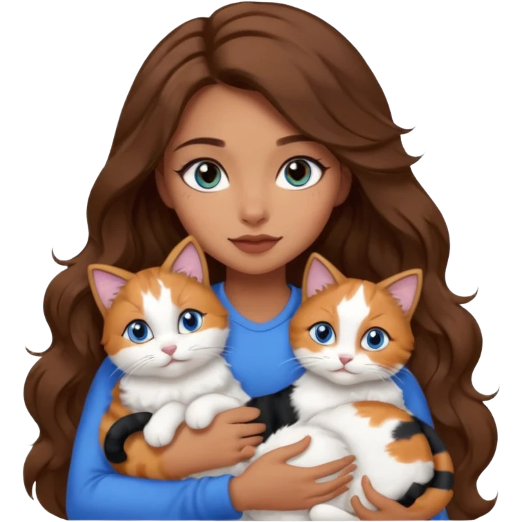 girl with long wavy brown hair, blue eyes, long lashes makeup, cuddling with 6 cute cats emoji