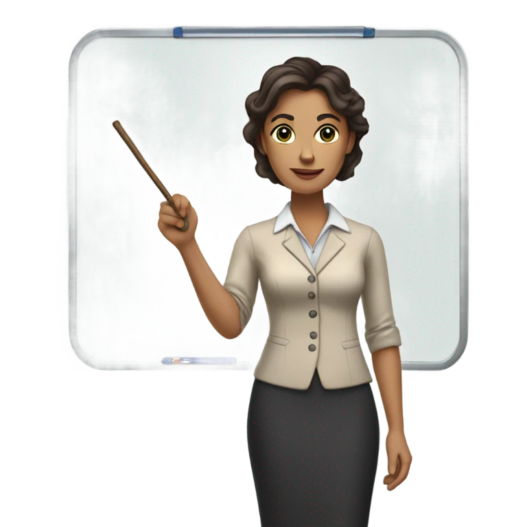 apple style emoji: brunette white woman as a teacher, with a stick in the hand and a whiteboard emoji