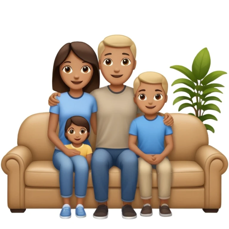 family posing for photo, living room background emoji