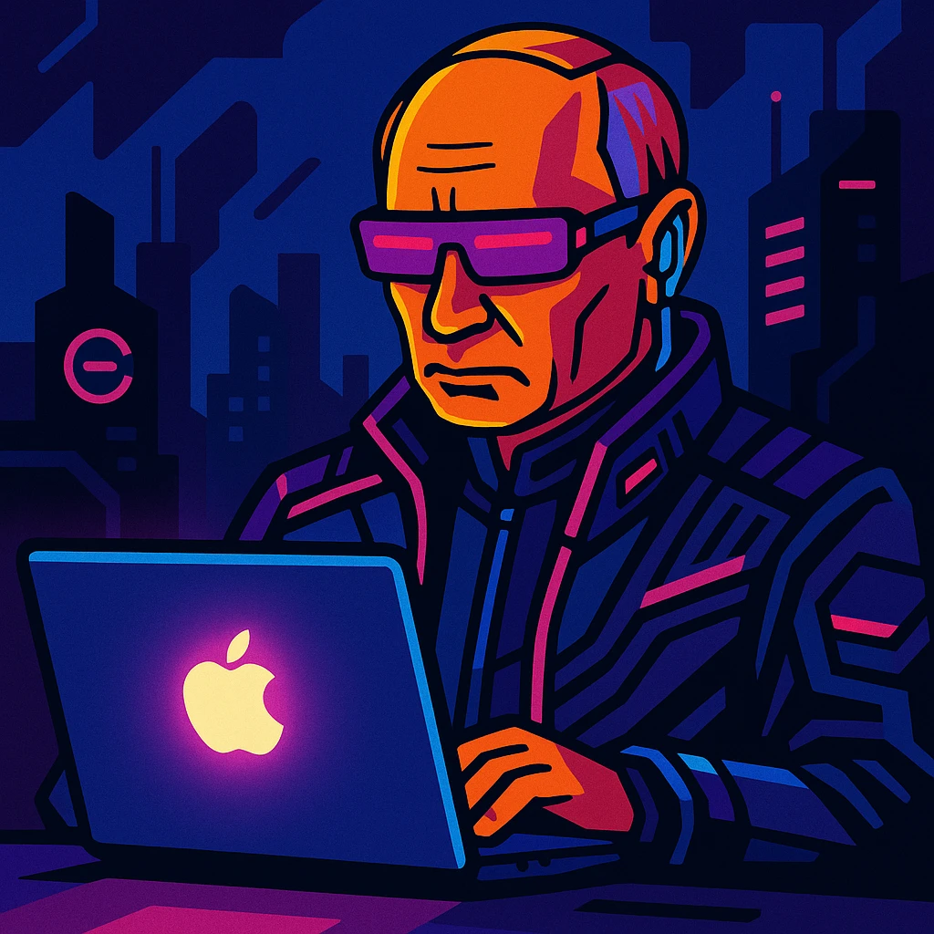 Futuristic cyberpunk-themed Vladimir Putin using a glowing MacBook emoji