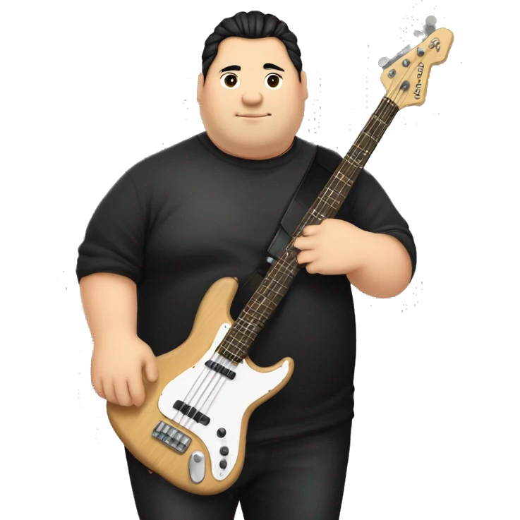 chubby chinese guy with fair skin, man bun, black shirt and bass guitar emoji