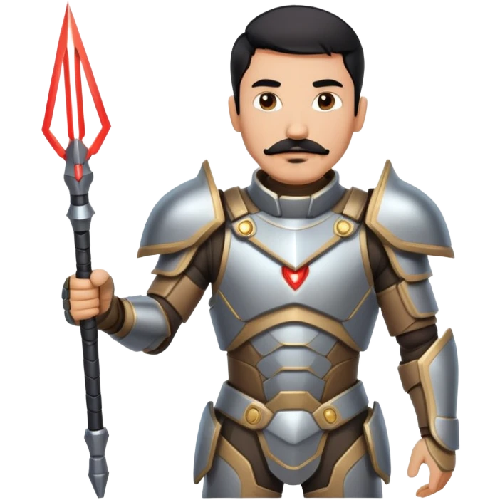 Male human with short black hair, mustache and beard. Wearing futuristic armor, with laser spear in hand emoji