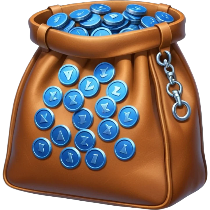 blue coins inside a brown leather bag  emoji